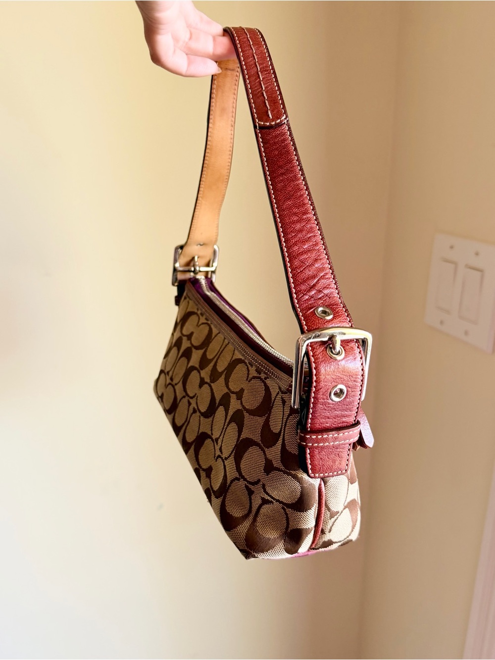Coach Signature Stripe Demi Baguette shoulder bag pink berry suede - Picture 3 of 8